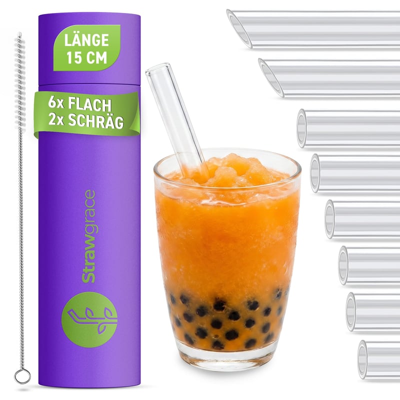 Paie din sticlă pentru Bubble Tea STRAWGRACE, 15 cm, diametru interior 11 mm, 2 bucăți, cu capăt tăiat oblic, paie reutilizabile scurte din sticlă