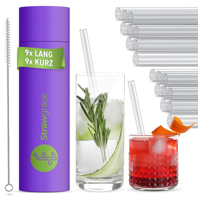 Sada sklenených slamiek STRAWGRACE 18 ks – 9 ks dlhých (21,5 cm) a 9 ks krátkych (15 cm), vnútorný priemer 7 mm, vonkajší priemer 10 mm, opakovane použiteľné