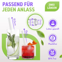 Sada sklenených slamiek STRAWGRACE 18 ks – 9 ks dlhých (21,5 cm) a 9 ks krátkych (15 cm), vnútorný priemer 7 mm, vonkajší priemer 10 mm, opakovane použiteľné 2