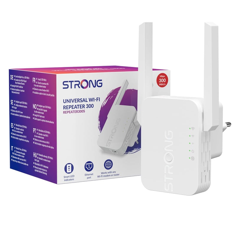 STRONG 300 Mbit/s WiFi zosilňovač signálu (repeater), 100 Mbit/s port, prístupový bod (AP), WPS, LED indikátor, jednoduchá inštalácia, kompatibilný so všetkými routrami