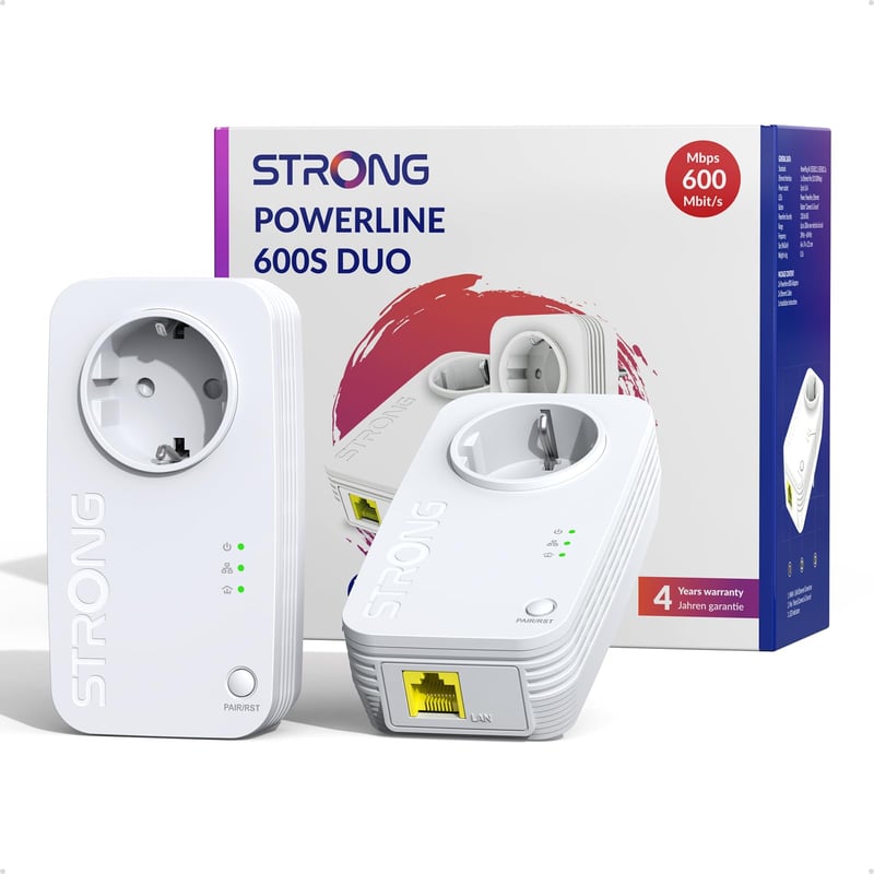 Sada Powerline adaptérov STRONG AV600 Mbit/s so zásuvkou – 2 ks, Plug & Play, HomePlug AV2, 100 Mbit/s LAN, režim úspory energie, pre TV, PC a iné
