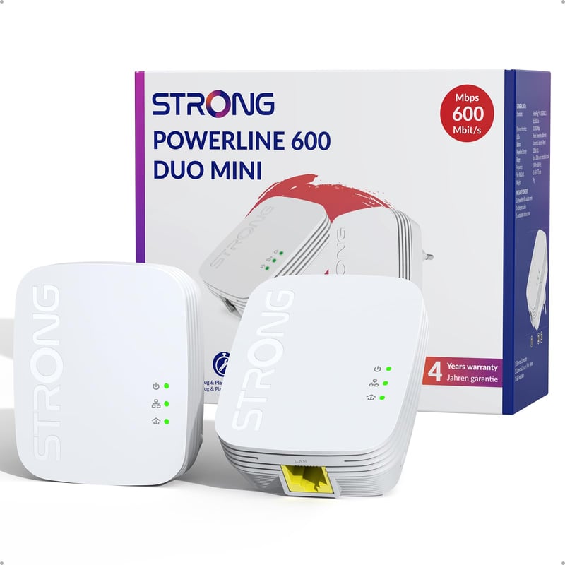 STRONG PL600M AV600 Mbps Powerline adaptér set, 2 ks, 100 Mbps LAN port, Plug and Play, úsporný režim, pre TV, PC a herné konzoly
