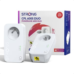 Strong Powerline AV600 CPL mrežni adapter set, 2 komada, 100 Mbps Ethernet priključak, ugrađena utičnica, Plug & Play, kompatibilno s TV/PC, biserno bijela