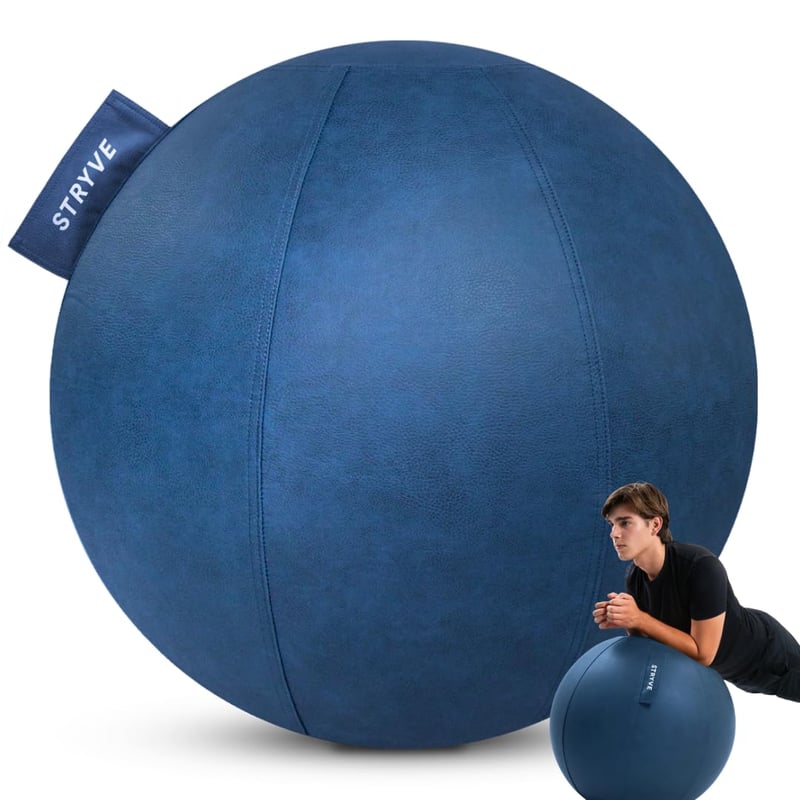 Minge ergonomică de șezut STRYVE 65 cm - Piele ecologică Royal Blue, husă lavabilă, cu protecție anti-rostogolire, pompă de aer inclusă, capacitate 150 kg, minge de gimnastică pentru birou