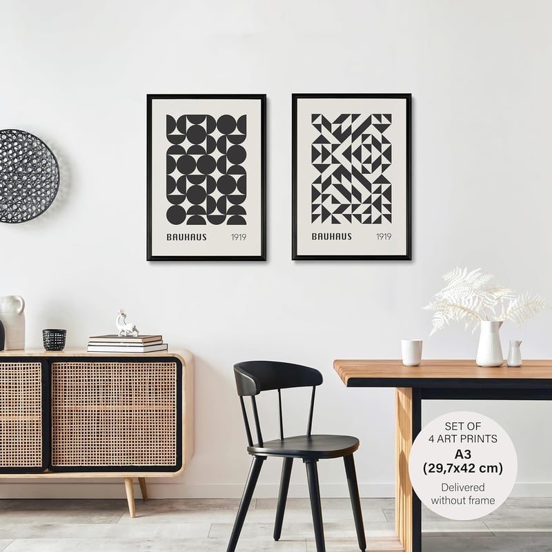 Studio Moien Bauhaus Modern Poszter Szett - 4 db A3 Művészeti Nyomat Kék, Piros, Fekete, Fehér és Bézs Színekben - Múzeumi Minőségű Faldekor