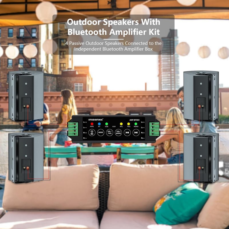 STUDIOFINIX 800W Kültéri Bluetooth Hangszóró Szett - 6,5" Vízálló Fali Hangszórók Teraszra, Kertbe, Medencéhez (4 db, Fekete)