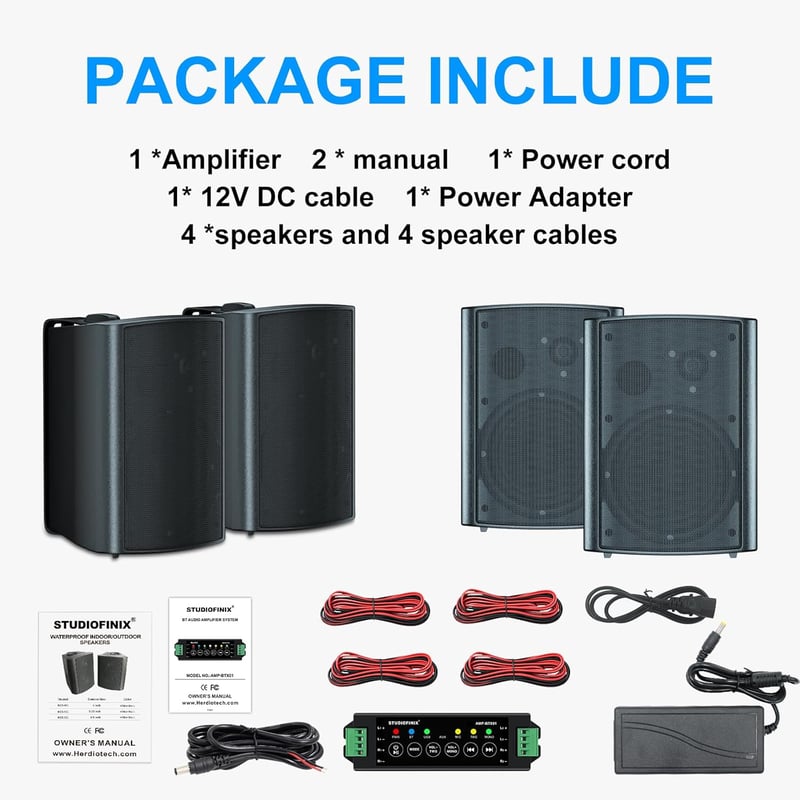STUDIOFINIX 800W Kültéri Bluetooth Hangszóró Szett - 6,5" Vízálló Fali Hangszórók Teraszra, Kertbe, Medencéhez (4 db, Fekete)