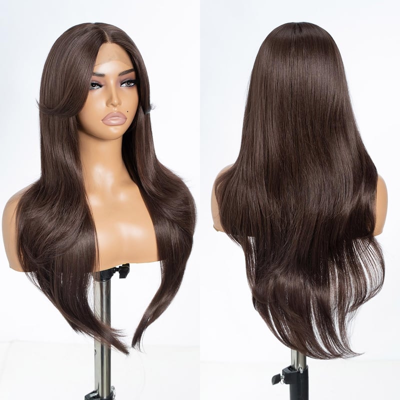 Parochňa Style Icon s hnedou ofinou, HD čipkou vpredu, dĺžkou 26 palcov, vrstvená, syntetická, 13x5x1 T-part, vhodná na každodenné nosenie aj na párty