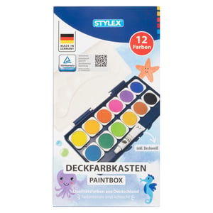 Set akvarel boja Stylex 28178 s 12 boja i tubom bijele pokrivne boje, paletama za miješanje i odvojivim poklopcem