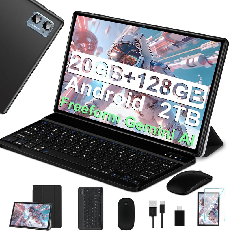 Tabletă SUAAT Android 15, 10 inchi, 64 GB ROM + 2 TB TF, Octa-Core, WIFI 6, cameră 8 MP + 5 MP, Type-C, OTG, husă, tastatură și mouse, albastru