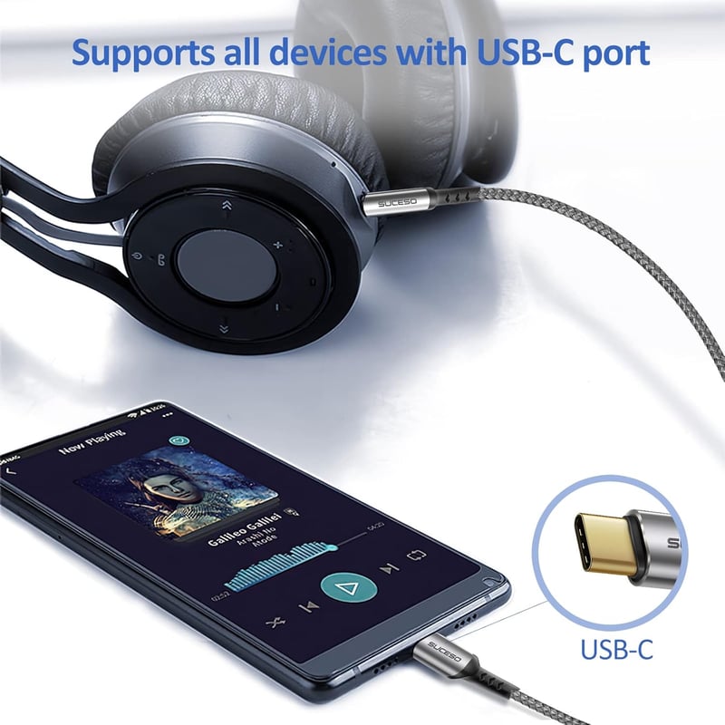 SUCESO USB C - 3.5 mm Jack Aux Kábel Samsung Galaxy S23+/S22/S21/S20/Note10, Huawei P40/P30/P20 készülékekhez, Otthoni/Autós Hifi rendszerek