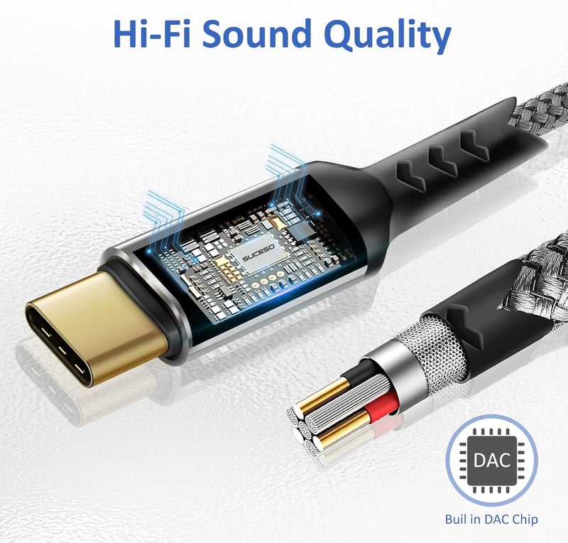 SUCESO USB C - 3.5 mm Jack Aux Kábel Samsung Galaxy S23+/S22/S21/S20/Note10, Huawei P40/P30/P20 készülékekhez, Otthoni/Autós Hifi rendszerek