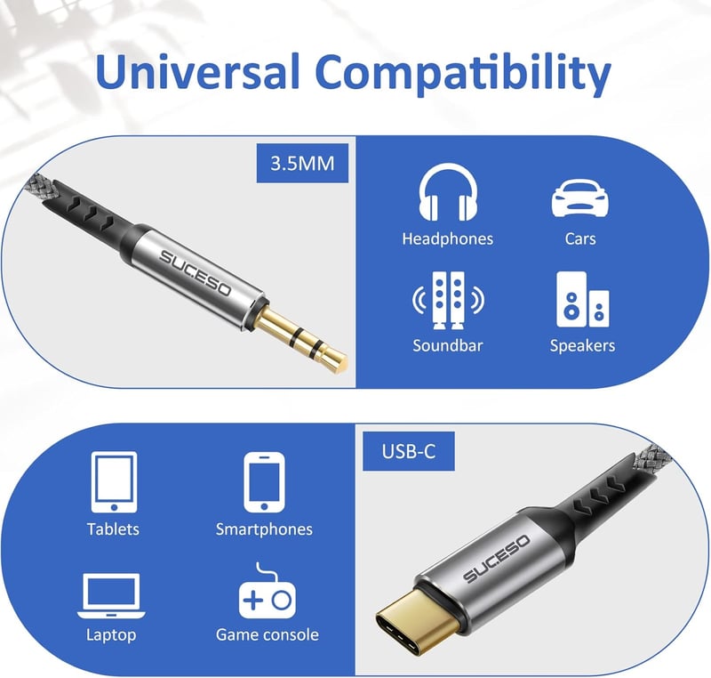 SUCESO USB C - 3.5 mm Jack Aux Kábel Samsung Galaxy S23+/S22/S21/S20/Note10, Huawei P40/P30/P20 készülékekhez, Otthoni/Autós Hifi rendszerek