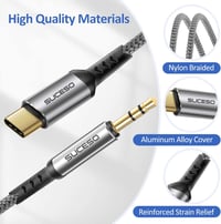 SUCESO USB C - 3.5 mm Jack Aux Kábel Samsung Galaxy S23+/S22/S21/S20/Note10, Huawei P40/P30/P20 készülékekhez, Otthoni/Autós Hifi rendszerek 3