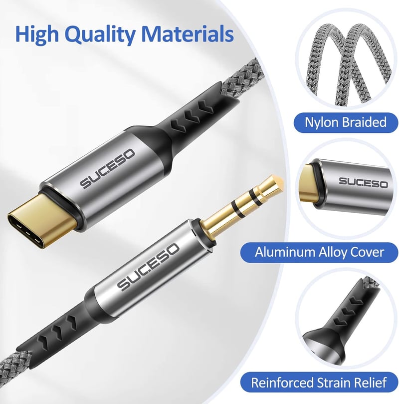 SUCESO USB C - 3.5 mm Jack Aux Kábel Samsung Galaxy S23+/S22/S21/S20/Note10, Huawei P40/P30/P20 készülékekhez, Otthoni/Autós Hifi rendszerek