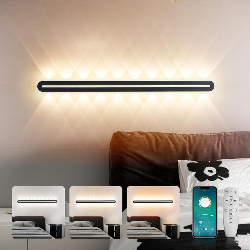 SUCIKORIO 100 cm LED Fali Lámpa - 40W Modern Fekete Világítás 3000K-6500K, 5-100% Szabályozható, Távirányítóval és Applikációval Hálószobába