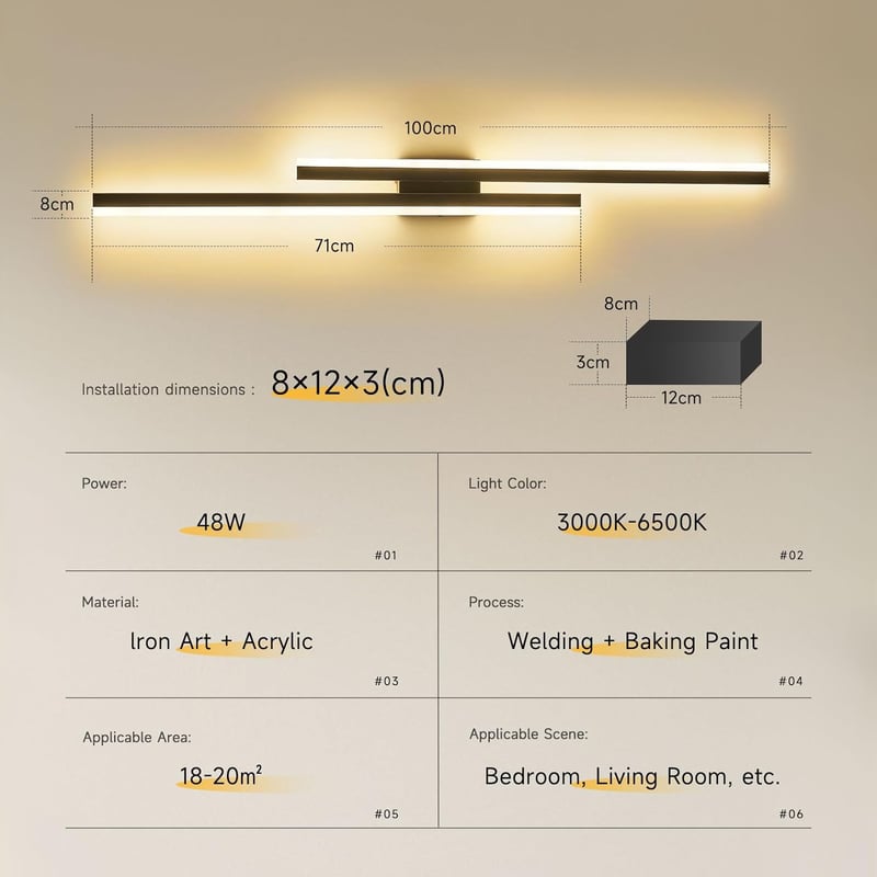 SUCIKORIO 100 cm LED Fali Lámpa - 48W Fekete Minimál Dizájn, 3000K-6500K Szabályozható Fényerő, Távirányítós és Applikációs Vezérlés Nappali