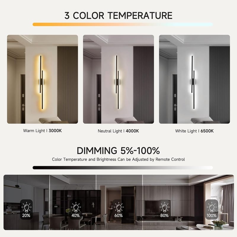 SUCIKORIO 100 cm LED Fali Lámpa - 48W Fekete Minimál Dizájn, 3000K-6500K Szabályozható Fényerő, Távirányítós és Applikációs Vezérlés Nappali