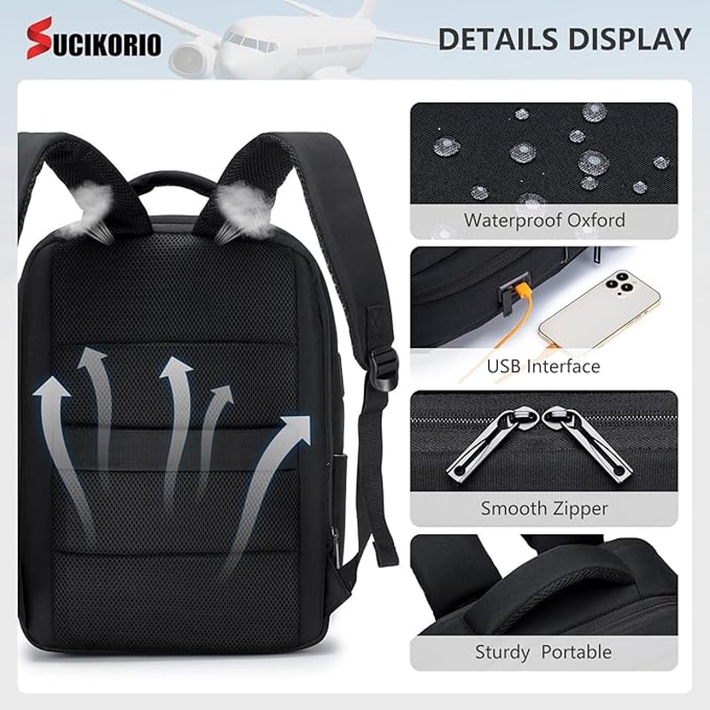 SUCIKORIO Bővíthető Utazási Hátizsák 15.6" Laptoptáskával USB Töltővel Fekete