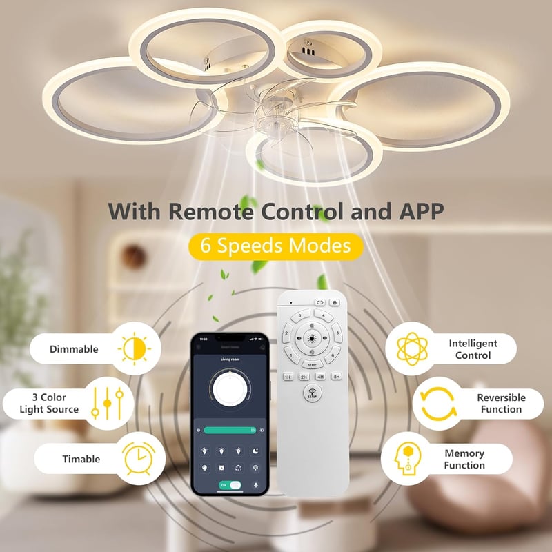 SUCIKORIO LED Mennyezeti Ventilátor Világítással - Csendes, Távirányítós, 3 Színhőmérséklet, 6 Sebesség, App Vezérlés, Nappali, Háló