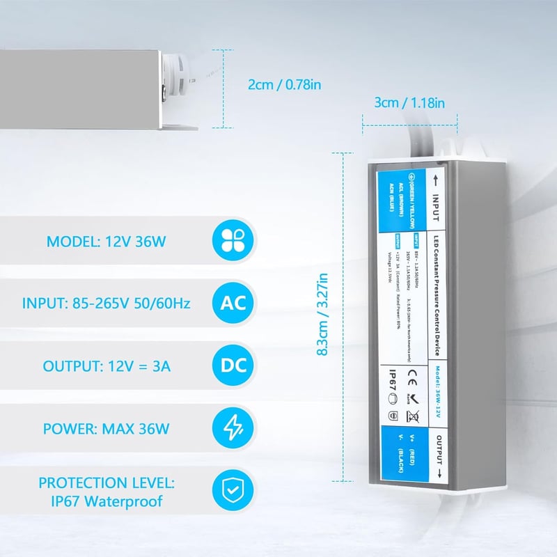 SUCIKORIO LED Tápegység 12V 36W IP67 Vízálló Transzformátor LED Szalaghoz
