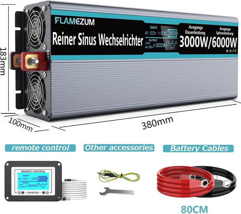 SUDOKEJI 3000W Tiszta Szinuszos Feszültségátalakító 12V-230V Inverter Távirányítóval LED Kijelzővel Autóba Lakókocsiba
