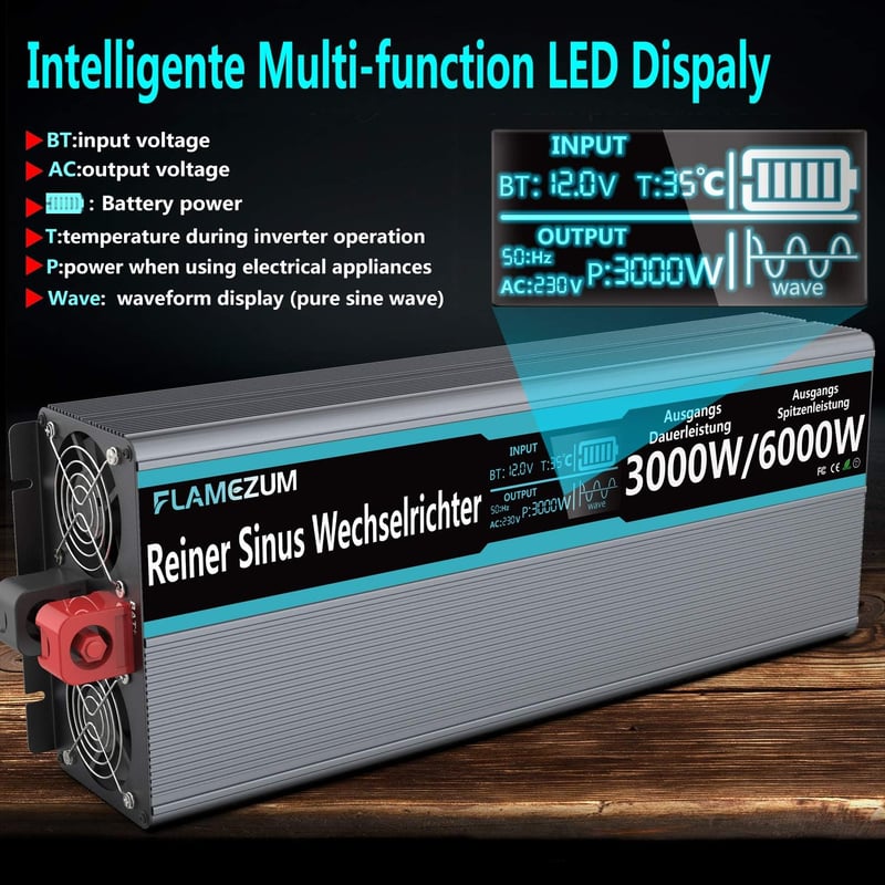 SUDOKEJI 3000W Tiszta Szinuszos Feszültségátalakító 12V-230V Inverter Távirányítóval LED Kijelzővel Autóba Lakókocsiba