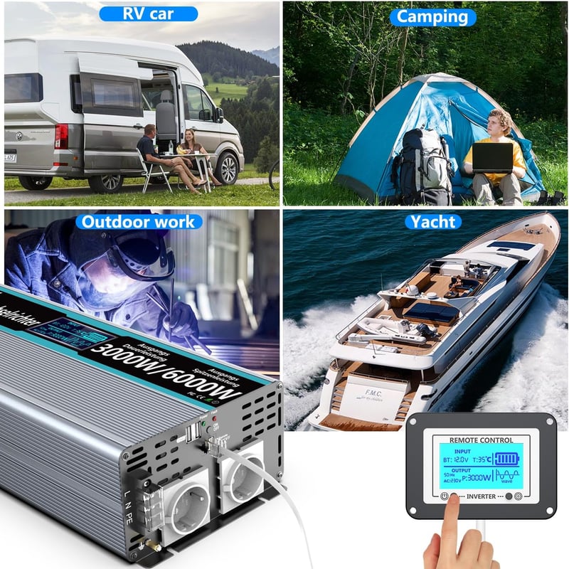SUDOKEJI 3000W Tiszta Szinuszos Feszültségátalakító 12V-230V Inverter Távirányítóval LED Kijelzővel Autóba Lakókocsiba