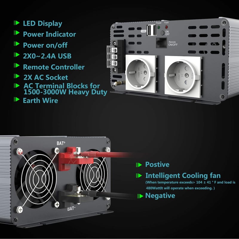 SUDOKEJI 3000W Tiszta Szinuszos Feszültségátalakító 12V-230V Inverter Távirányítóval LED Kijelzővel Autóba Lakókocsiba