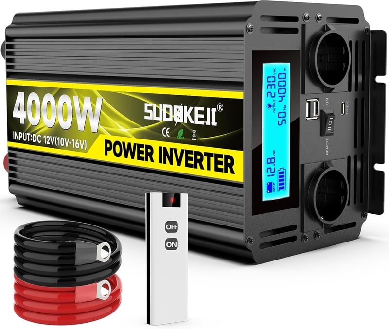 SUDOKEJI 4000W Feszültségátalakító 12V-230V - Módosított Szinusz Inverter LCD Kijelzővel, Távirányítóval, Dupla USB Porttal, Kempinghez, Aut