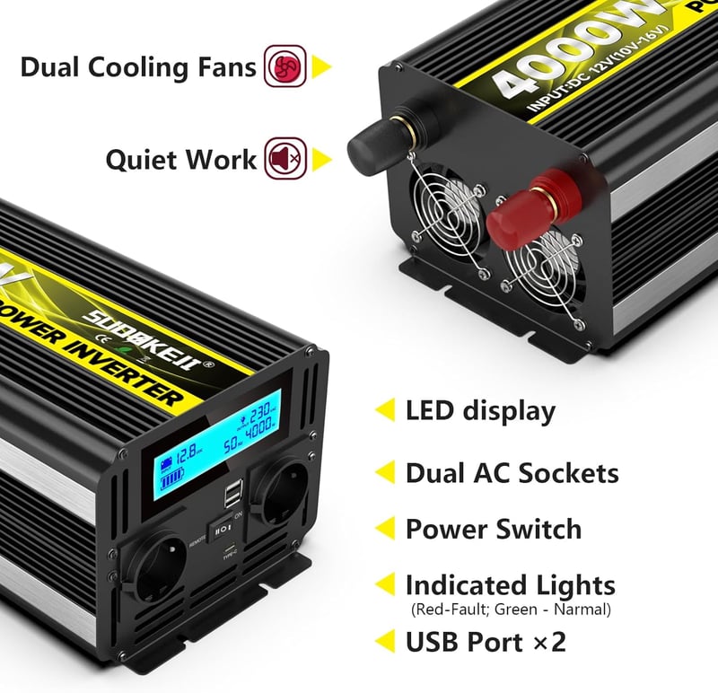 SUDOKEJI 4000W Feszültségátalakító 12V-230V - Módosított Szinusz Inverter LCD Kijelzővel, Távirányítóval, Dupla USB Porttal, Kempinghez, Aut