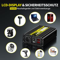 SUDOKEJI Feszültségátalakító 1500W/3000W Színuszos Inverter 12V-230V EU Csatlakozóval, LCD Kijelzővel, Távirányítóval és USB Porttal Autóba, 5