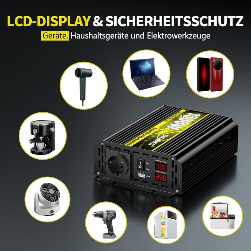 SUDOKEJI Feszültségátalakító 1500W/3000W Színuszos Inverter 12V-230V EU Csatlakozóval, LCD Kijelzővel, Távirányítóval és USB Porttal Autóba,