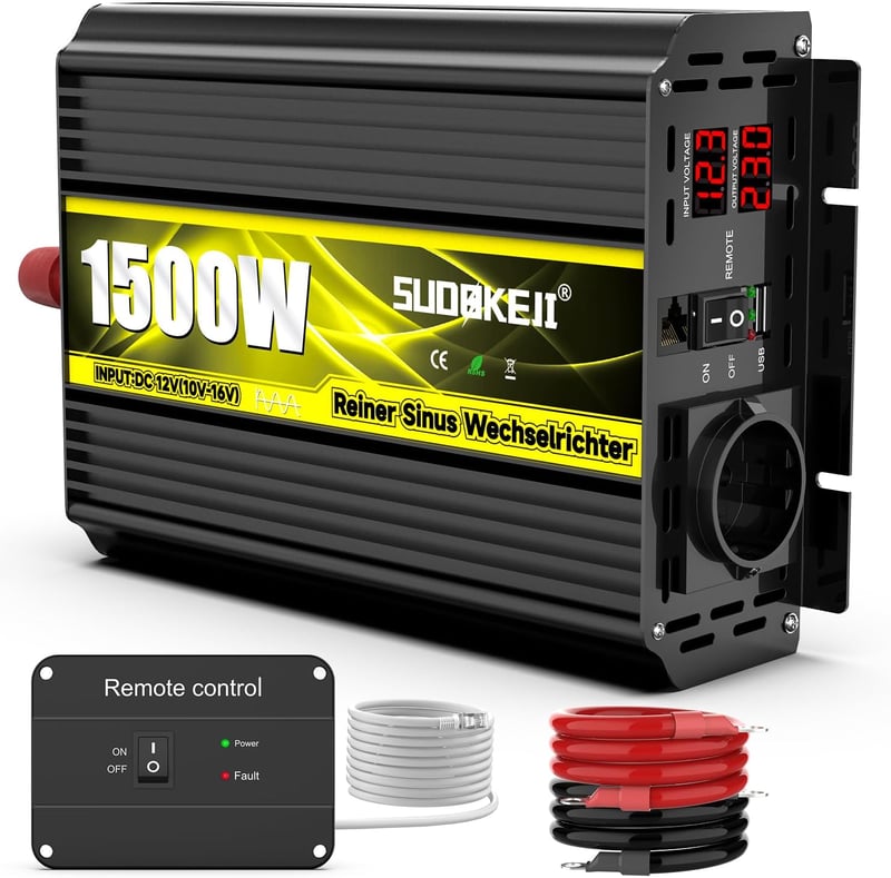 SUDOKEJI Feszültségátalakító 1500W/3000W Színuszos Inverter 12V-230V EU Csatlakozóval, LCD Kijelzővel, Távirányítóval és USB Porttal Autóba,