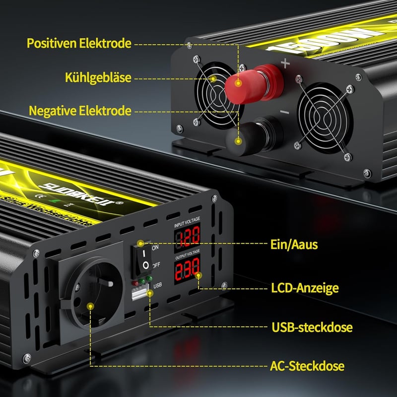 SUDOKEJI Feszültségátalakító 1500W/3000W Színuszos Inverter 12V-230V EU Csatlakozóval, LCD Kijelzővel, Távirányítóval és USB Porttal Autóba,