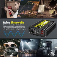 SUDOKEJI Feszültségátalakító 1500W/3000W Színuszos Inverter 12V-230V EU Csatlakozóval, LCD Kijelzővel, Távirányítóval és USB Porttal Autóba, 3
