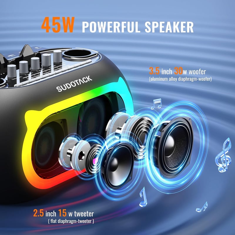 SUDOTACK Karaoke Gép 2 Vezeték Nélküli Mikrofonnal, Bluetooth Hangszóró