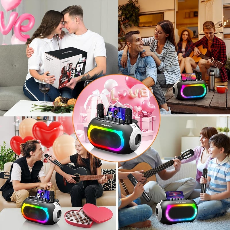 SUDOTACK Karaoke Gép 2 Vezeték Nélküli Mikrofonnal, Bluetooth Hangszóró