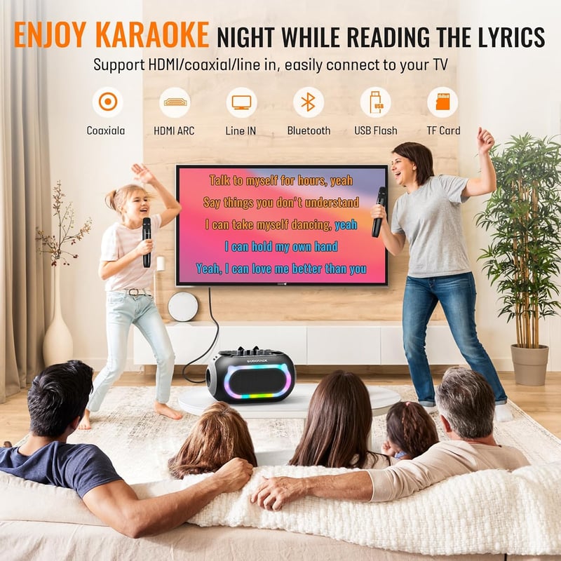 SUDOTACK Karaoke Gép 2 Vezeték Nélküli Mikrofonnal, Bluetooth Hangszóró