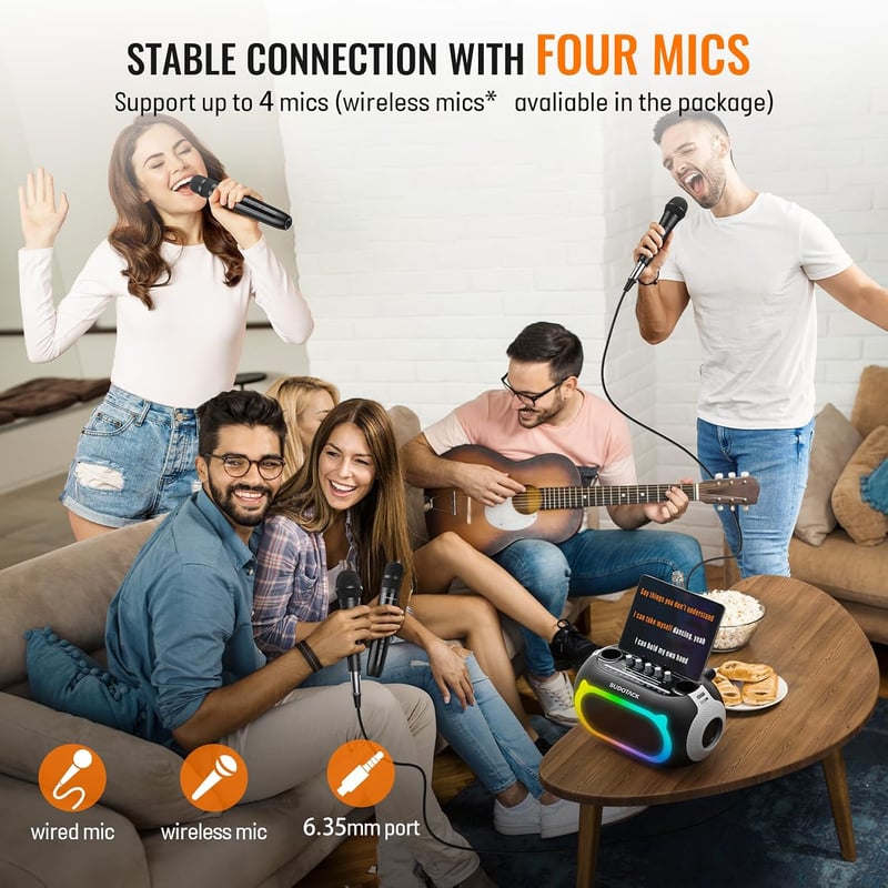 SUDOTACK Karaoke Gép 2 Vezeték Nélküli Mikrofonnal, Bluetooth Hangszóró
