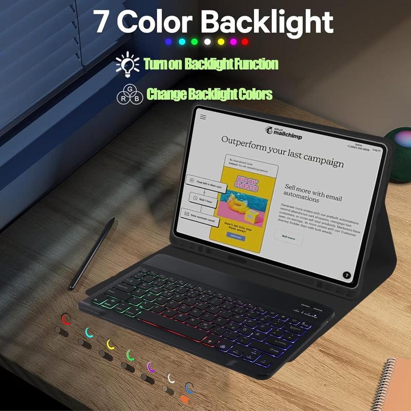 SUEEWE Billentyűzetes Tok Samsung Galaxy Tab S10 Ultra / S9 Ultra / S8 Ultra 14.6" - TPU Hátsó Védelem 7 Színű LED Világítású Kivehető QWERT
