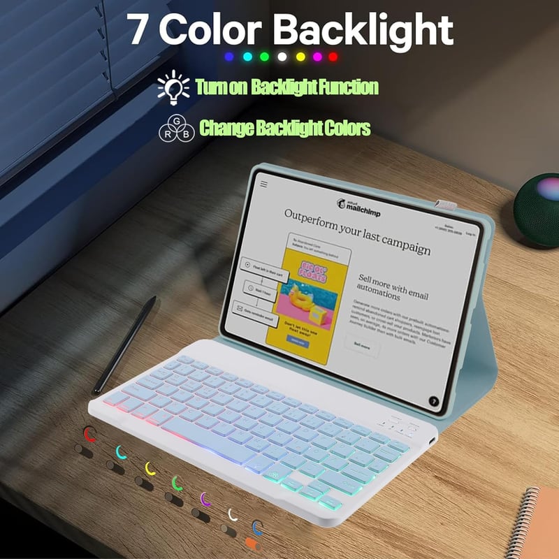 SUEEWE Billentyűzetes Tok Xiaomi Pad 6s Pro 12.4" Tablethez - TPU Hátlap, 7 Színű Háttérvilágítás, Levehető QWERTZ Billentyűzet, Kék