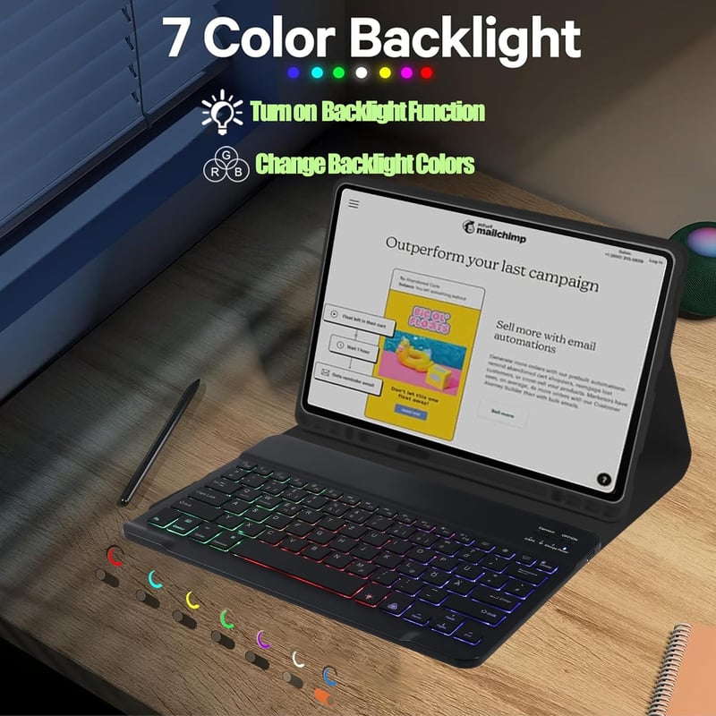 SUEEWE Bluetooth Billentyűzetes Tok Samsung Galaxy Tab S10 FE+/Plus 13,1" Tablethez - 7 Színű Háttérvilágítás, Levehető QWERTZ, TPU Hátlap, 