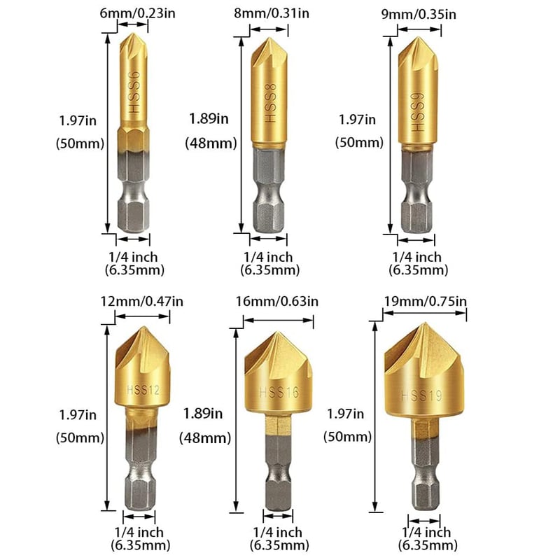 Sufubyte 6 részes 1/4" HCS fáziskés készlet 5 élű 6-19mm fához és fémhez