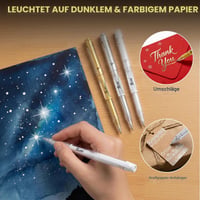 Set de Pixuri cu Gel Metalizat SUIN – Auriu, Argintiu și Alb, 3 bucăți, Grosime vârf 1,0 mm, Cerneală pigmentată mată pentru hârtie închisă la culoare, pentru desen și scris 6