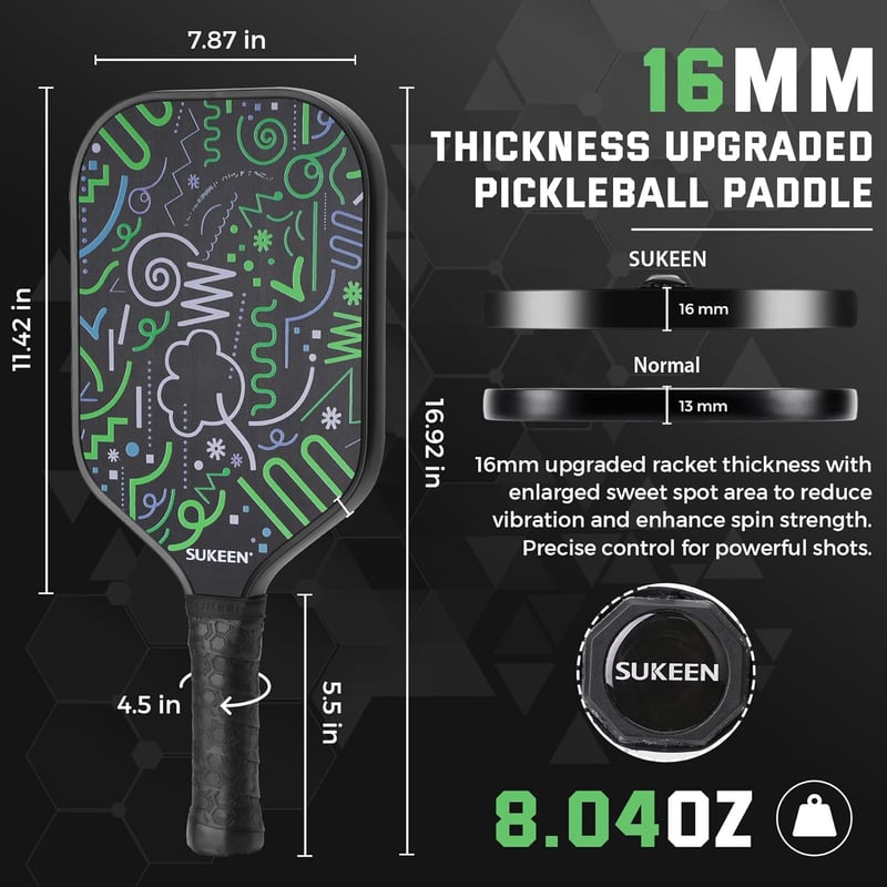 Sukeen T700 Szénszálas Pickleball Ütő - 16 mm Polipropilén Méhsejt Maggal, Forgás és Kontroll Fókusszal, 14 cm Kényelmes Markolattal, Felnőt
