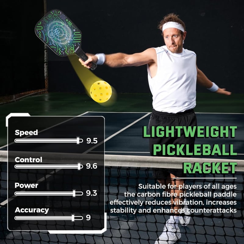 Sukeen T700 Szénszálas Pickleball Ütő - 16 mm Polipropilén Méhsejt Maggal, Forgás és Kontroll Fókusszal, 14 cm Kényelmes Markolattal, Felnőt