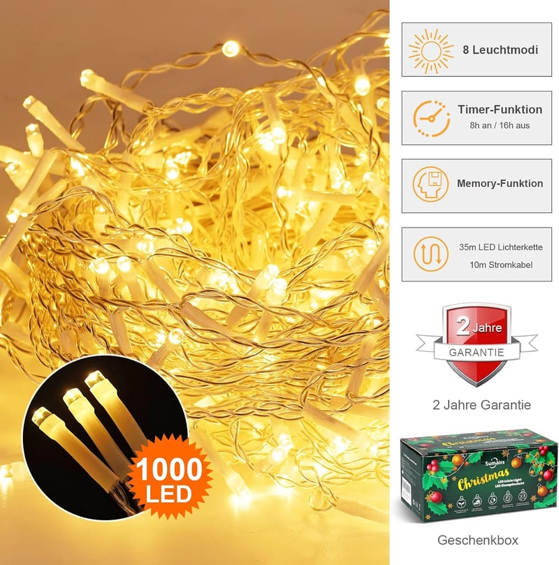 Sumairs 35m 1000 LED kültéri tündérfény, esőcsap, időzítő, 8 mód, meleg fehér