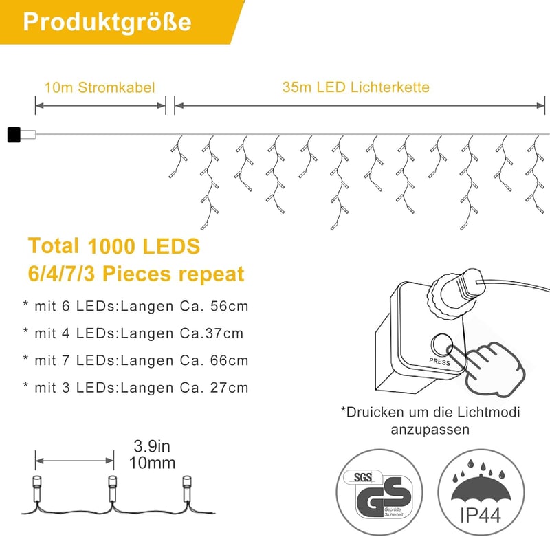 Sumairs 35m 1000 LED kültéri tündérfény, esőcsap, időzítő, 8 mód, meleg fehér