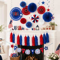SUNBEAUTY Set decorativ de 16 piese pentru Ziua Independenței - evantai de hârtie, ghirlandă, banner, steagul SUA, decorațiuni pentru petrecere americană, 4 iulie. 4
